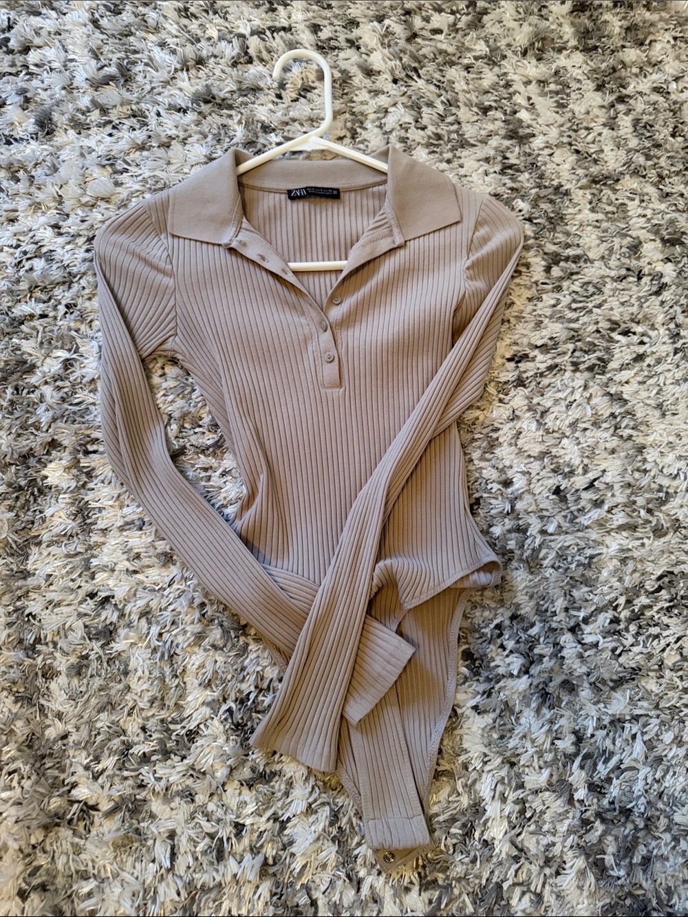 Zara Taupe Ribbed Long-Sleeve Polo Bodysuit
